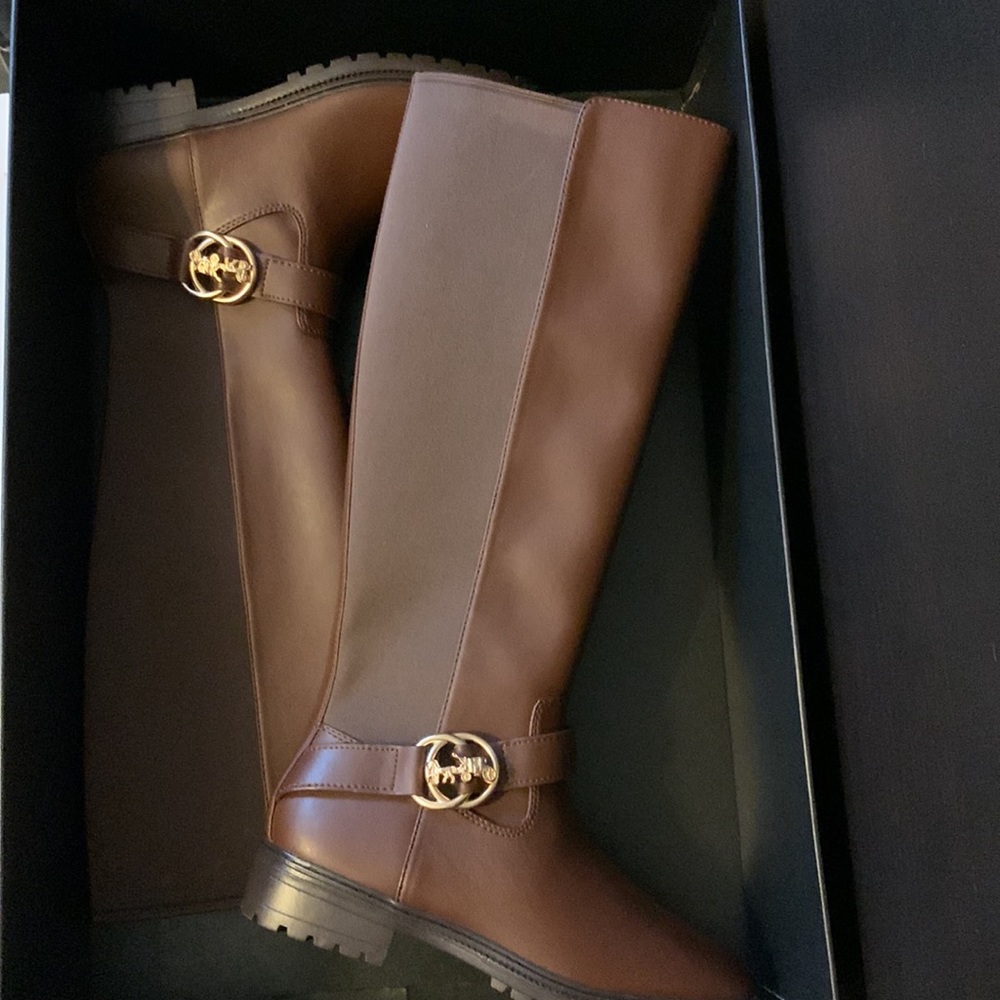 Coach Farrah Logo Buckle Tall Riding Boots in Brown - Picture 12 of 15